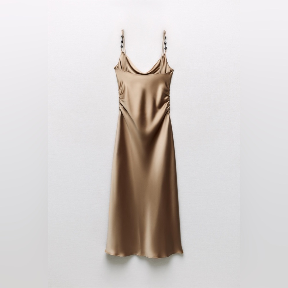 ๐(NWT) ZARA Bloggers Fav Beaded Strap Satin Midi Dress. Size LARGE - Picture 4 of 14